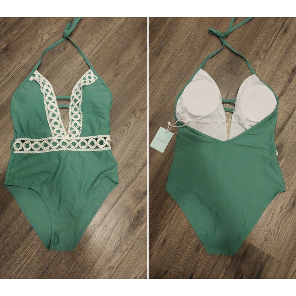 Super cute, deep V, green one piece bathing suit